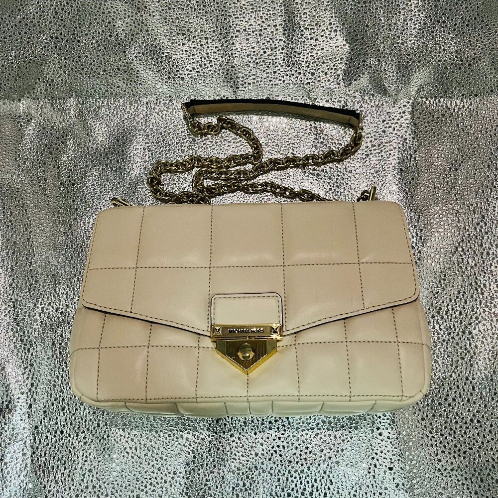 Michael Kors Soho Shoulder Bag Beige Women's Leather Quilted Chain Strap